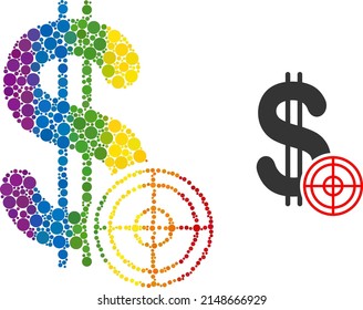 Dollar target mosaic icon of round items in variable sizes and rainbow colored color hues. A dotted LGBT-colored dollar target for lesbians, gays, bisexuals, and transgenders.