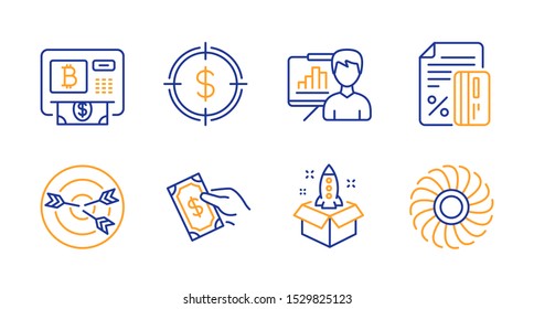 Dollar target, Presentation board and Bitcoin atm line icons set. Pay money, Startup and Credit card signs. Targeting, Fan engine symbols. Aim with usd, Growth chart. Finance set. Vector