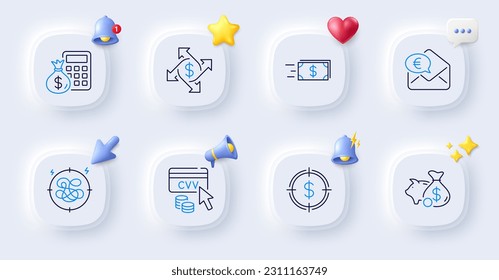 Iconos de la línea de transferencia de dinero, estrés y dinero. Botones con timbre 3d, discurso de chat, cursor. Paquete de código Cvv, banco Piggy, icono de dinero en euros. Calculadora de finanzas, pictograma de intercambio de pagos. Vector