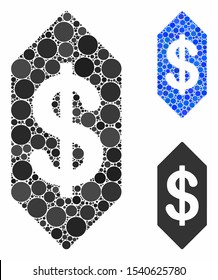 Dollar ticket mosaic of filled circles in variable sizes and color tints, based on dollar ticket icon. Vector filled circles are combined into blue mosaic.