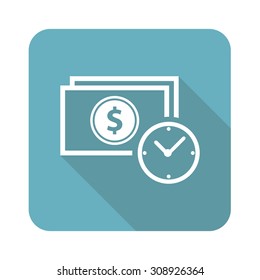 Dollar time icon, square, with long shadow, isolated on white