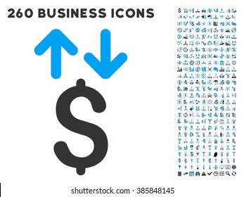 Dollar Transactions icon within 260 vector business pictogram set. Style is bicolor flat symbols, light blue and gray colors, white background.