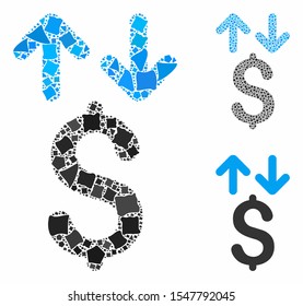 Dollar transactions mosaic of rugged parts in different sizes and color tinges, based on dollar transactions icon. Vector unequal parts are combined into composition.
