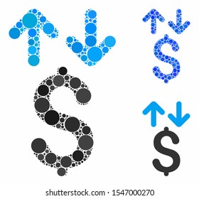Dollar transactions mosaic of small circles in different sizes and shades, based on dollar transactions icon. Vector filled circles are organized into blue collage.