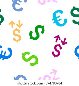 Dollar Transactions vector repeatable pattern with dollar and euro currency symbols. Style is flat colored icons on a white background.