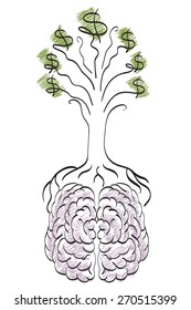 Dollar tree growing from brain. Smart and money concept. Vector illustration