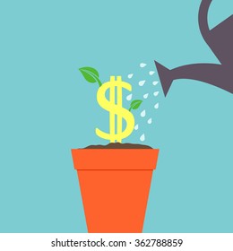 Dollar Tree watered from a watering can. Stock vector image.