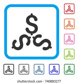 Dollar Trinity icon. Flat grey pictogram symbol inside a light blue rounded square. Black, gray, green, blue, red, orange color additional versions of Dollar Trinity vector.