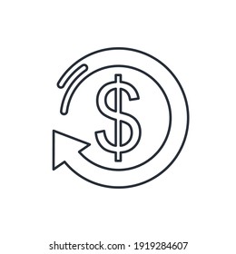 Dollar And Turnover Arrow. Financial Chargeback. Vector Line Icon Isolated On White Background.