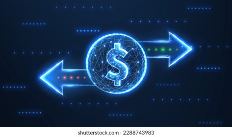 Dollar mit zwei linken rechten Pfeilen mit grünen und roten Punkten. Daten empfangen, Digital-Geld-Versand, Devisenwechsel-Zeichen. Web-Handelssymbol. Dateisicherung, logistische Verschiebung, großes Änderungslogo. Konkretes Icon-Design