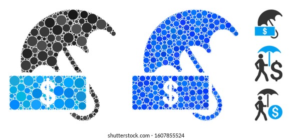 Dollar umbrella mosaic of circle elements in different sizes and color tinges, based on dollar umbrella icon. Vector circle elements are combined into blue collage.