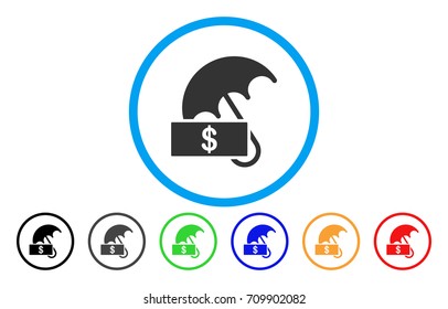 Dollar Umbrella rounded icon. Vector illustration style is a grey flat iconic dollar umbrella symbol inside a circle. Additional color variants are black, gray, green, blue, red, orange.