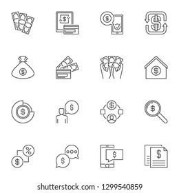 Dollar and USD currency outline icons set. Vector Money concept linear symbols