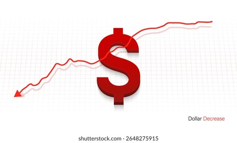 Dólar diminuição valor com gráfico e fundo verde. Conjunto de ilustrações de vetor de diminuição de dólar americano. Gráfico financeiro com grupo de seta de tendência para baixo e sinal de dólar no plano de fundo da cor do gráfico vermelho.