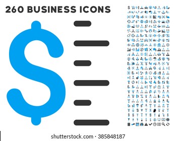 Dollar Value icon within 260 vector business pictogram set. Style is bicolor flat symbols, light blue and gray colors, white background.