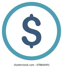 Dollar vector bicolor rounded icon. Image style is a flat icon symbol inside a circle, cyan and blue colors, white background.