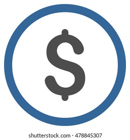 Dollar vector bicolor rounded icon. Image style is a flat icon symbol inside a circle, cobalt and gray colors, white background.