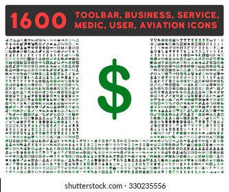 Dollar vector icon and 1600 other business, service tools, medical care, software toolbar, web interface pictograms. Style is bicolor flat symbols, green and gray colors, rounded angles, white
