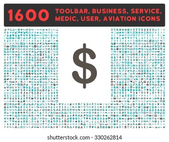 Dollar vector icon and 1600 other business, service tools, medical care, software toolbar, web interface pictograms. Style is bicolor flat symbols, grey and cyan colors, rounded angles, white