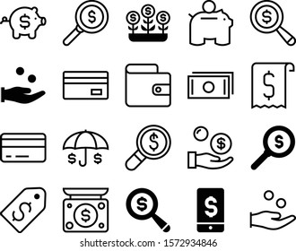 dollar vector icon set such as: funding, phone, form, label, manager, umbrella, secure, care, weight, coupon, moneybox, saving, crowdfunding, stack of money, seed, investing, insurance, banknote