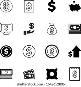dollar vector icon set such as: stats, europe, currencies, america, piggy, budget, arrow, report, yen, computer, label, holding, billing, abstract, old, long, debt, american, purchase, invest, shape
