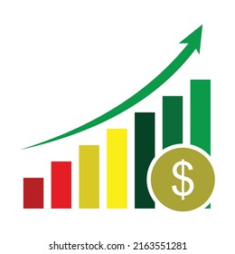 Dollar vector icon, showing a rising dollar in a bar chart.