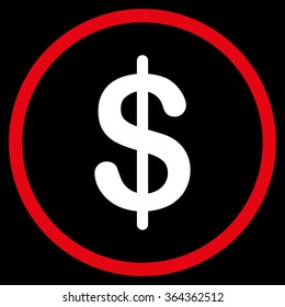 Dollar vector icon. Style is bicolor flat circled symbol, red and white colors, rounded angles, black background.