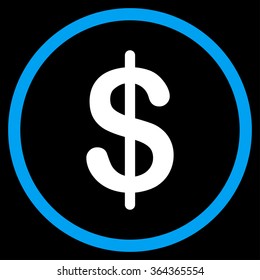 Dollar vector icon. Style is bicolor flat circled symbol, blue and white colors, rounded angles, black background.