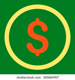 Dollar vector icon. This rounded flat symbol is drawn with orange and yellow colors on a green background.