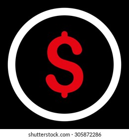 Dollar vector icon. This rounded flat symbol is drawn with red and white colors on a black background.