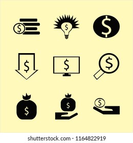 dollar vector icons set. with money bag hand, looking money, money ideas and dollar coins in set