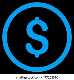 Dollar vector rounded icon. Image style is a flat icon symbol inside a circle, blue color, black background.
