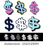 Dollar $ vector sign icons in graffiti style. Vector graphic dollar symbol using hand-drawn brushed