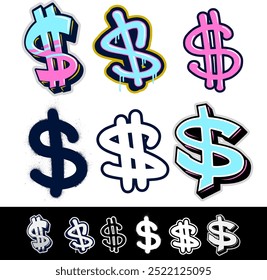 Dollar $ vector sign icons in graffiti style. Vector graphic dollar symbol using hand-drawn brushed