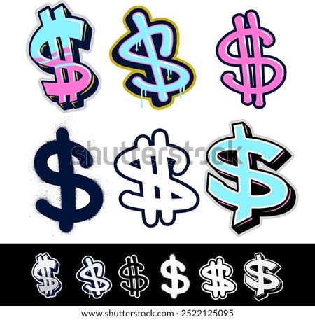 Dollar $ vector sign icons in graffiti style. Vector graphic dollar symbol using hand-drawn brushed