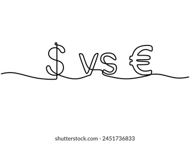 Dollar versus euro symbol in one continuous one line drawing art. Vector illustration minimalist.