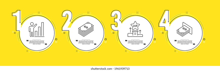 Dollar, Vip podium and Graph chart line icons set. Timeline process infograph. Atm money sign. Usd currency, Exclusive privilege, Growth report. Dollar currency. Finance set. Vector