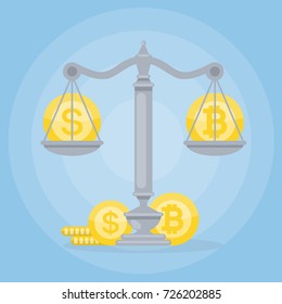 Dollar vs Bitcoin. Cryptocurrency balance illustration. Coins on scales.