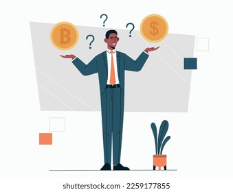 Dólar frente a bitcoin. El hombre compara la criptodivisa y elige la mejor inversión. Economía, inversión y comercio. Alfabetización financiera e ingresos pasivos. Afiche o pancarta. Dibujo vectorial plano de dibujos animados