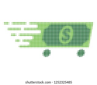 Dollar wagon halftone dotted icon with fast speed effect. Vector illustration of dollar wagon designed for modern abstraction with symbols of speed, rush, progress, energy.
