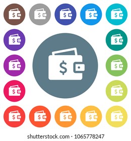 Dollar wallet flat white icons on round color backgrounds. 17 background color variations are included.