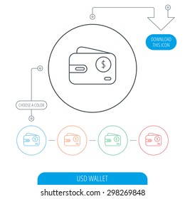 Dollar wallet icon. USD cash money bag sign. Line circle buttons. Download arrow symbol. Vector
