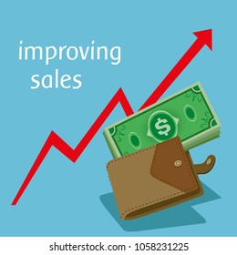 dollar and wallet improving sales increase economy vector illustration