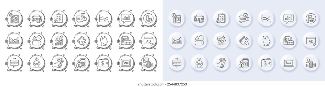 Dollar-Geldbörse, Kpi und Leerlauf-Linien-Symbole. Weiße Pin 3D-Tasten, Chat Blasen Symbole. Paket mit Angeboten, Brieftasche, Finanz-Rechner-Symbol. Infochart, Betrug, Analytisches Chat-Piktogramm. Vektorgrafik