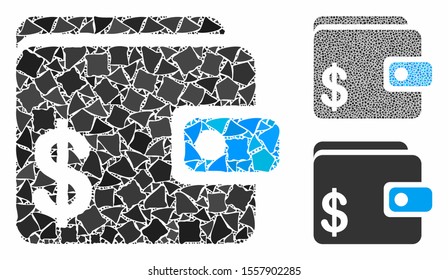 Dollar wallet mosaic of humpy pieces in variable sizes and color tints, based on dollar wallet icon. Vector rugged pieces are combined into collage. Dollar wallet icons collage with dotted pattern.