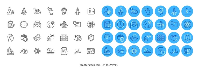 Dollar wallet, Move gesture and Flight time line icons pack. Loyalty gift, Shield, Parcel insurance web icon. Storage, Cable section, Positive feedback pictogram. Income money, Support. Vector