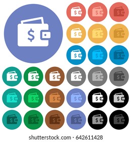 Dollar wallet multi colored flat icons on round backgrounds. Included white, light and dark icon variations for hover and active status effects, and bonus shades on black backgounds.