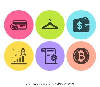 Dollar wallet, Technical documentation and Payment method icons simple set. Development plan, Cloakroom and Bitcoin signs. Cash money, Manual. Business set. Flat dollar wallet icon. Circle button