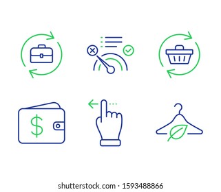 Dollar wallet, Touchscreen gesture and Refresh cart line icons set. Human resources, No internet and Slow fashion signs. Cash money, Slide left, Online shopping. Job recruitment. Vector