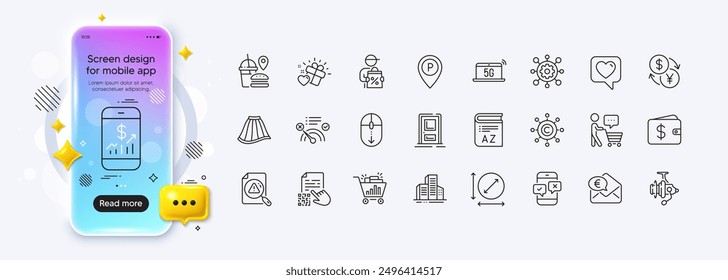 Dollar wallet, Vocabulary and 5g notebook line icons for web app. Phone mockup gradient screen. Pack of Buyer think, Fishing reel, Entrance pictogram icons. Vector